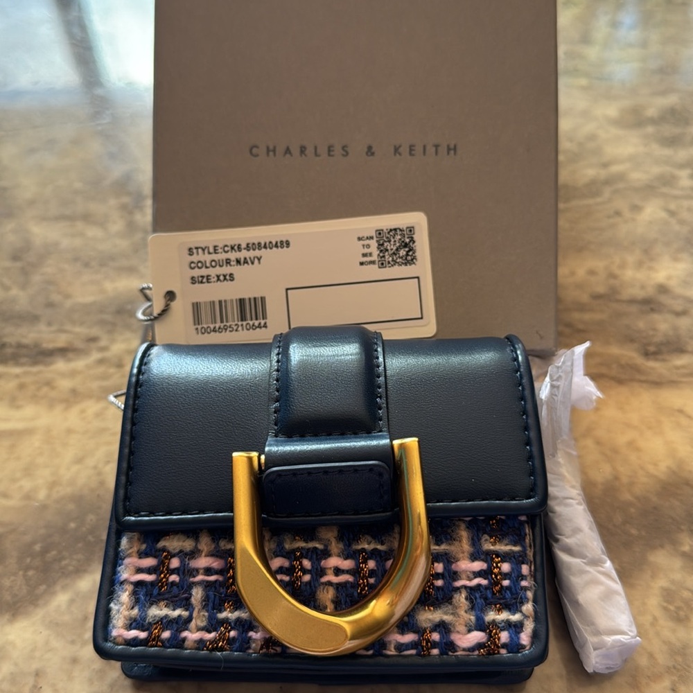Charles & Keith Navy Tweed Chain Strap Mini Bag with Gold Hardware